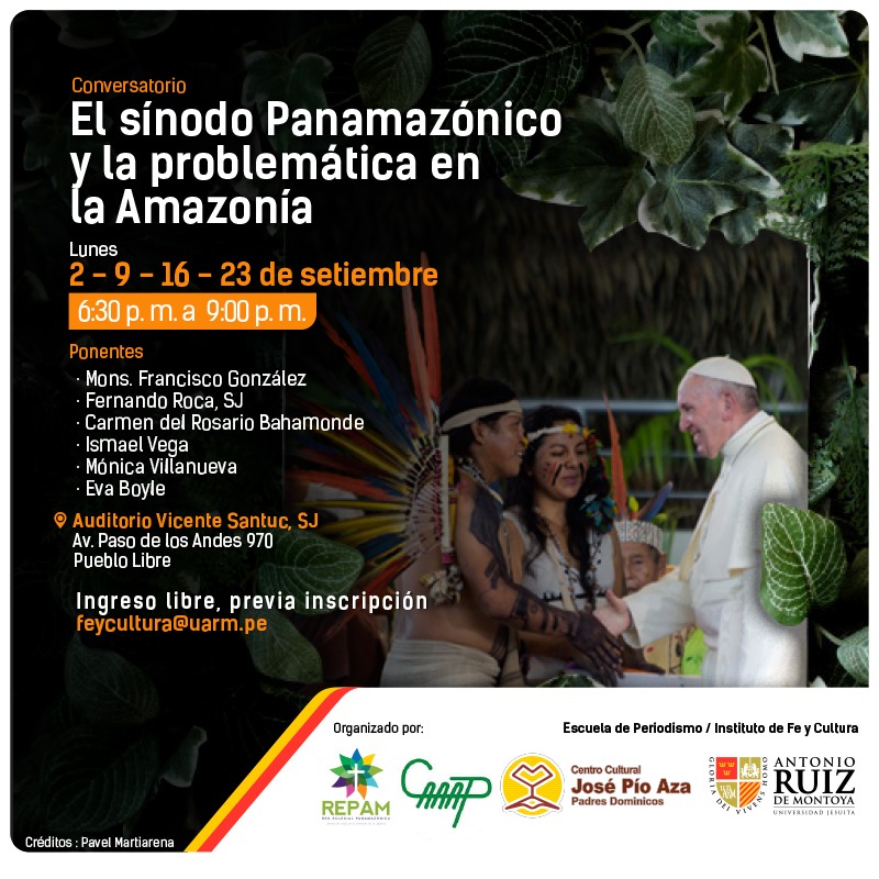 Afiche de difusión del conversatorio 'El Sínodo Panamazónico y la problemática en la Amazonía'. 