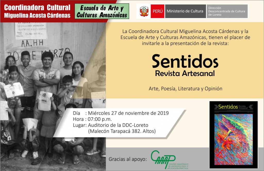 Cartel de difusión de la presentación de la revista amazónica SENTIDOS. Foto: Cedida