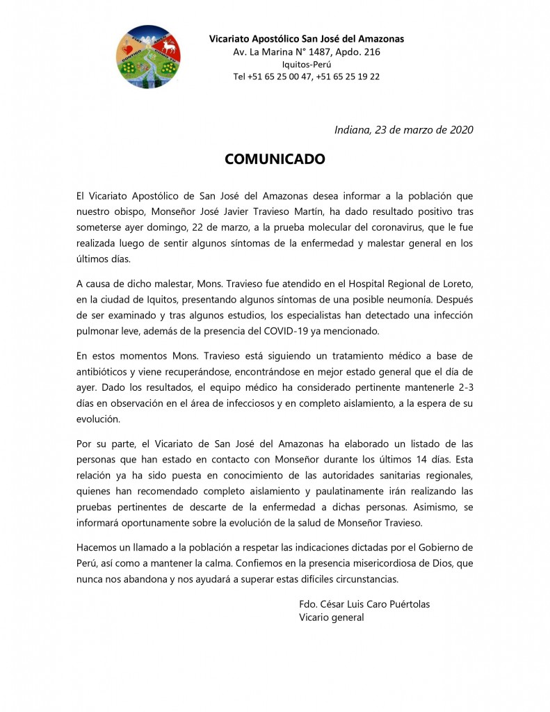Comunicado oficial del Vicariato de San José del Amazonas. 