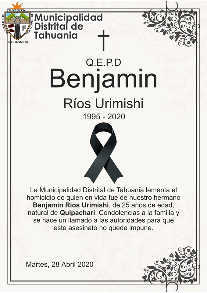 Nota de condolencia de la Municipalidad Distrital de Tahuanía. 