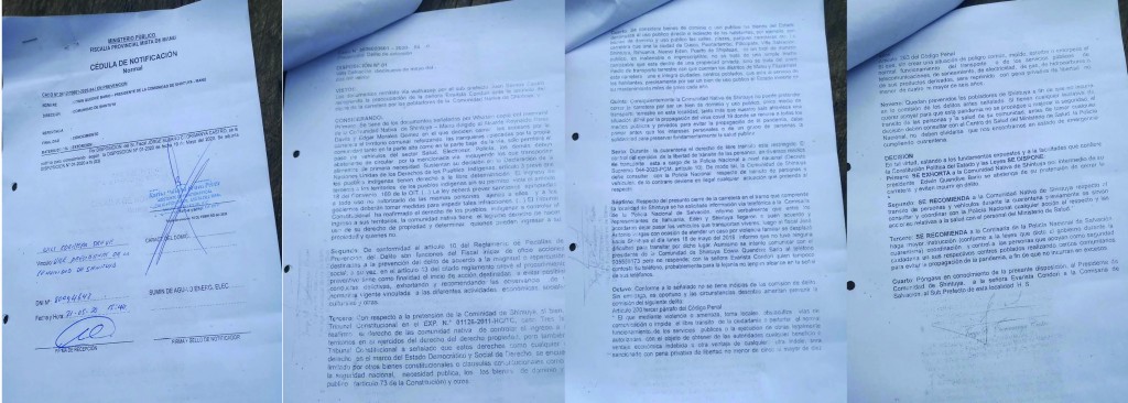 Notificación de la Fiscalía del Manu, recepcionada el 21 de mayo de 2020. Foto: COHARYIMA