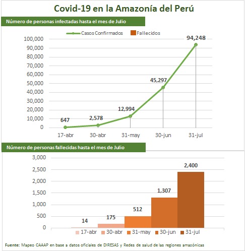 Evolución de casos covid-19 en la Amazonía Peruana, mes a mes. Fuente: CAAAP